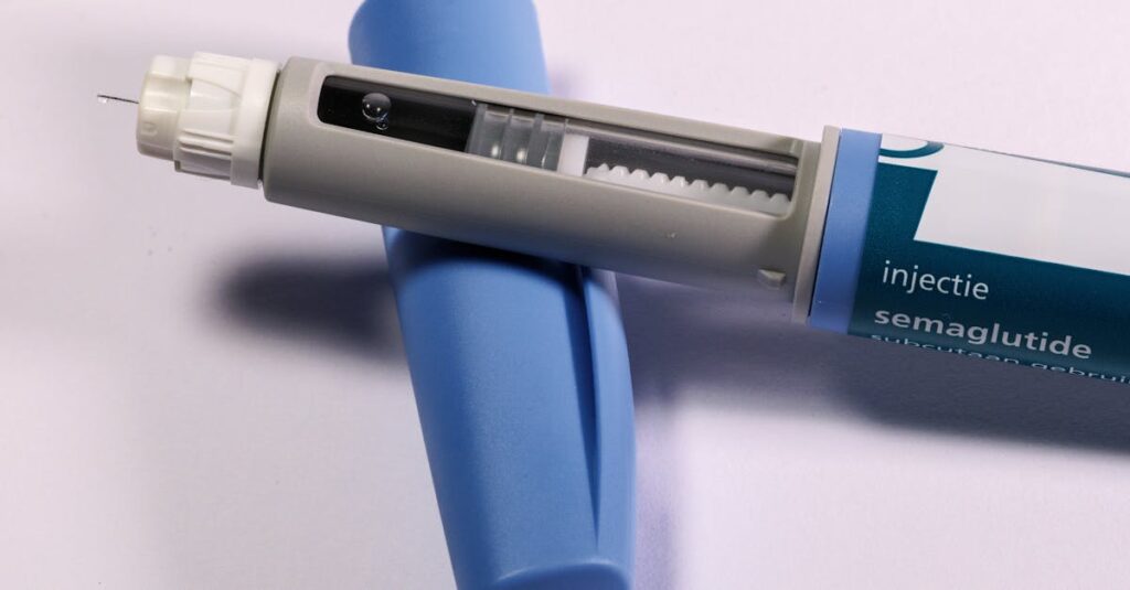 Detailed view of a semaglutide injection pen, commonly used for diabetes treatment, on a plain background.