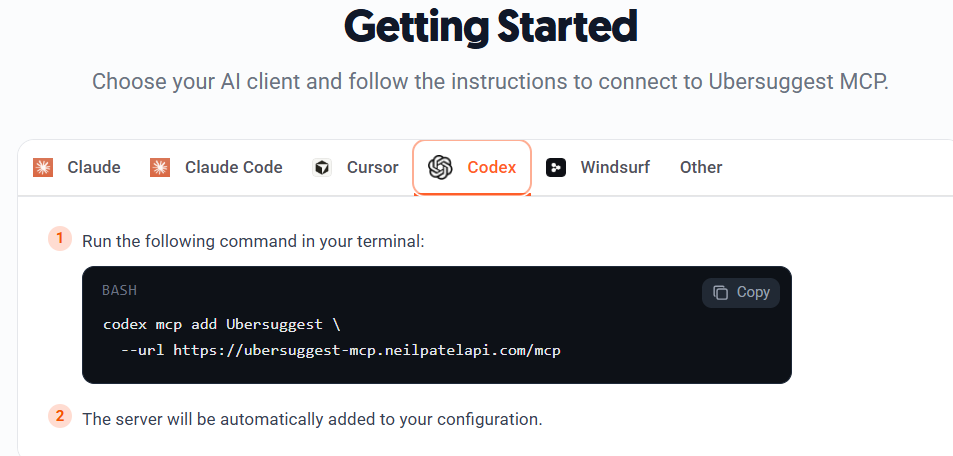 Ubersuggest MCP 安裝教學:Codex Desktop OAuth 授權與常見問題 1 ubersuggest app mcp